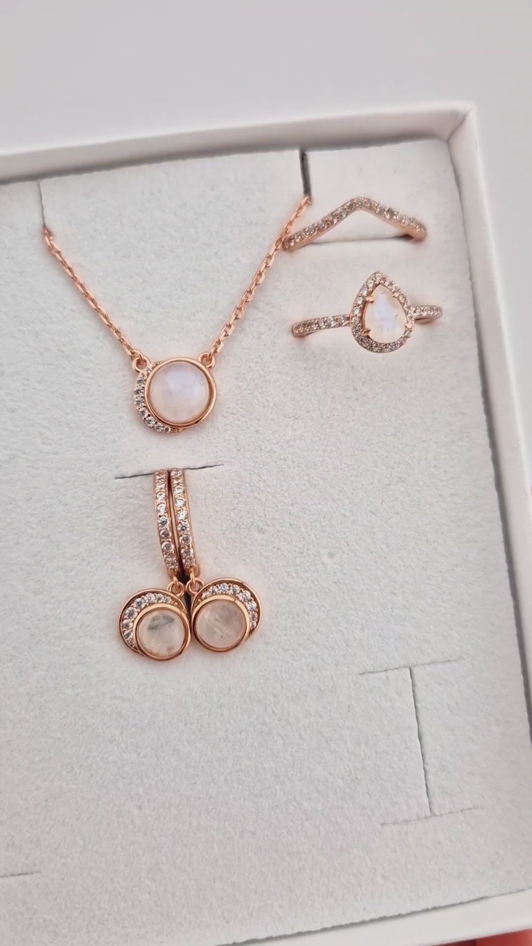 Mondstein Schmuckset, Moonstone jewelry set, Mondstein Halskette Rosegold - Silber Kette mit Mondstein Edelstein Anhänger, Moonstone necklace rose gold, Rainbow moonstone pendant necklace rosegold