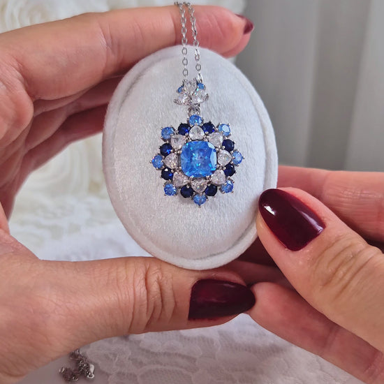 Silber Halskette Zirkonia blau, Anhänger Kette mit blauen CZ Diamant Imitaten, Silver necklace blue zircon, Zirkonia Halskette, Blaue Anhänger Halskette, collier, collana, collier bleue cz