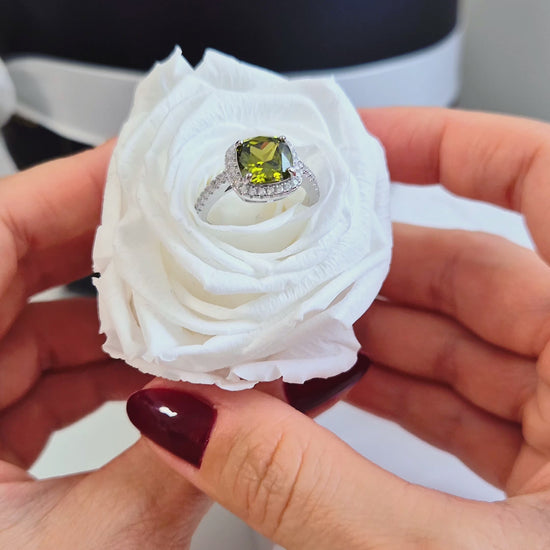 Peridot Ring, Silver Ring with green Gemstone and CZ halo