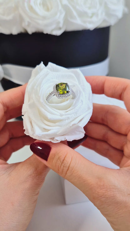Peridot Ring, Silver Ring with green Gemstone and CZ halo