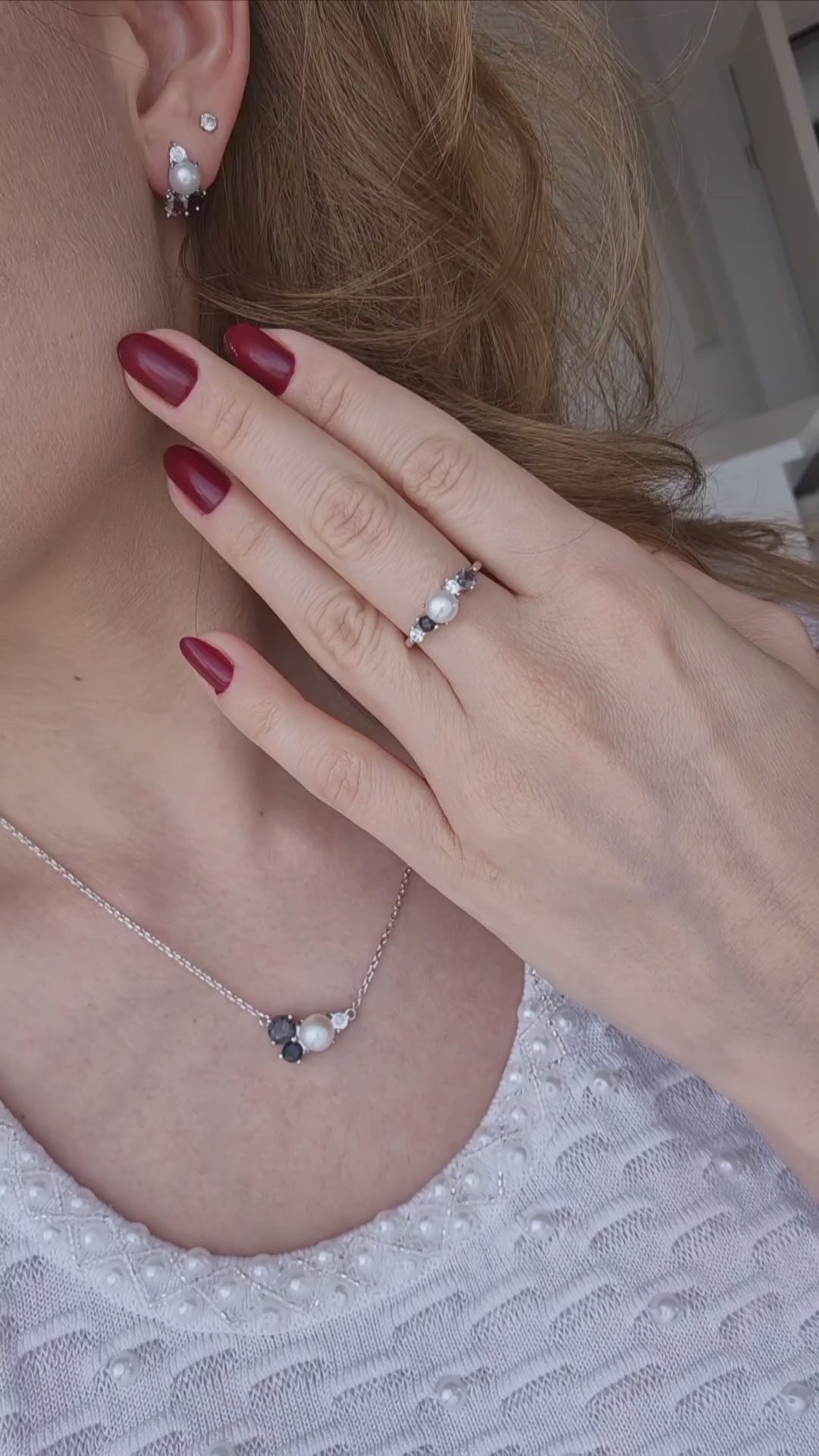Perlen Schmuck Set, Pearl jewelry set, Perlen Schmuckset, Silber Schmuckset, Pearl Jewelry set, Perlen Ohrringe, Perlen Halskette, Perlen Ring, Perlenring, Pearl Ring, SIlber RIng, Silberring, Damenring, Pearl Ring - Perlen Ring mit schwarzem Spinell und grauem Nano Stein, Silber Ring Süsswasser Perlen Ring, fresh water pearl, Pearl necklace, Pearl Ping, Pearl earrings
