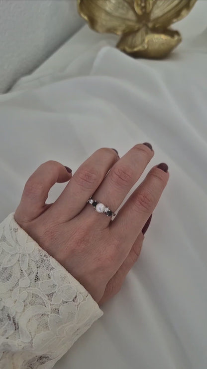 Perlen Ring, Perlenring, Pearl Ring, SIlber RIng, Silberring, Damenring, Pearl Ring - Perlen Ring mit schwarzem Spinell und grauem Nano Stein, Silber Ring Süsswasser Perlen Ring, fresh water pearl
